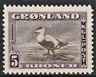 FRIMÆRKER GRØNLAND | 1945 - AFA 16 - AMERIKANER UDGAVEN - 5 kr. mørklilla/gråbrun - Postfrisk